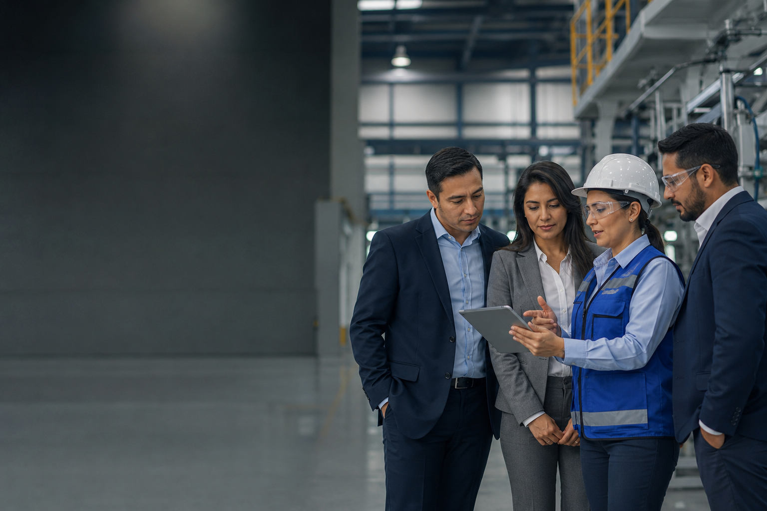 Equipo empresarial revisando procesos y seguridad en una instalación industrial